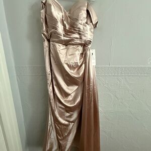 Women's TAUPE Off Shoulder Ruched Long with Slit Satin Formal Dress